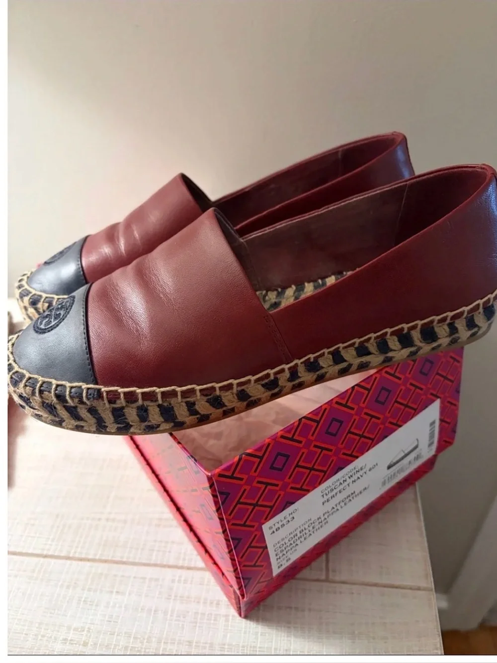 Tory Burch Tuscan Wine & Navy Color-Block Espadrille Platform Loafers 8.5